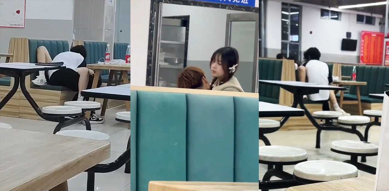 大学情侣食堂偷玩啪啪被拍 猛抠再到骑乘偷操 旁若无人当众开摇 食堂秒变片场!
